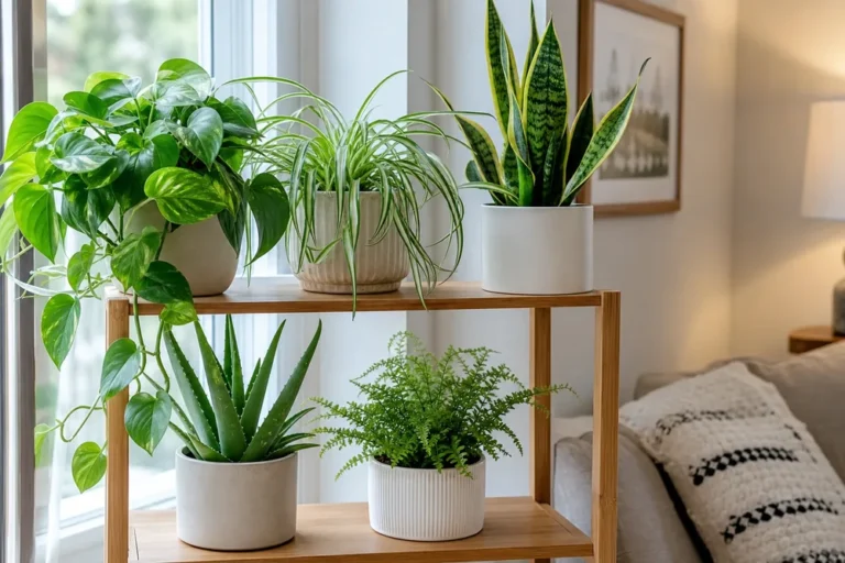 Healthy common houseplants arranged near bright indoor window light