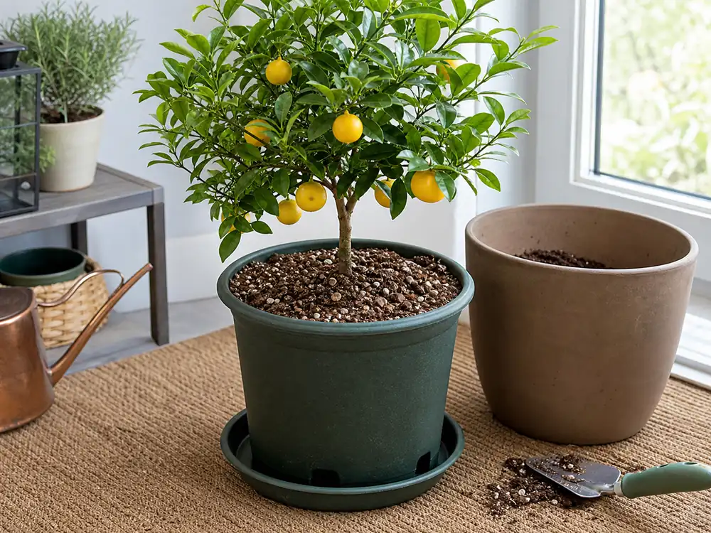 Dwarf indoor citrus tree in a stable draining container with potting mix