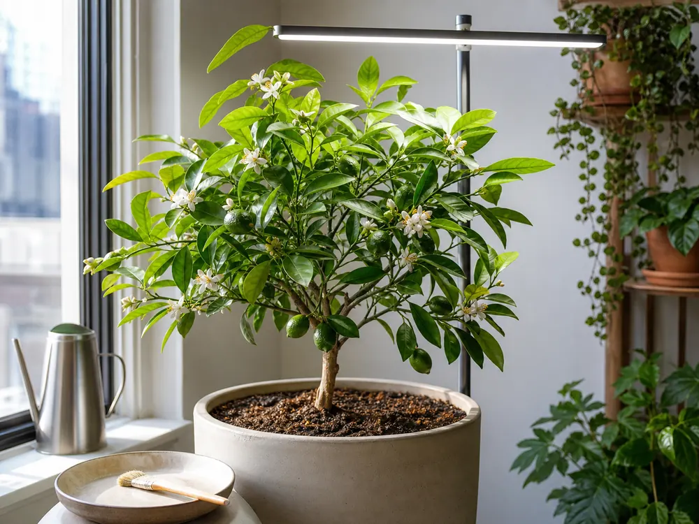 Indoor citrus tree flowering under a grow light near a bright window
