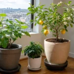 Indoor fruit trees in containers beside a bright window