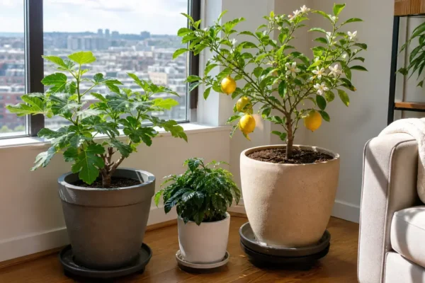 Indoor fruit trees in containers beside a bright window
