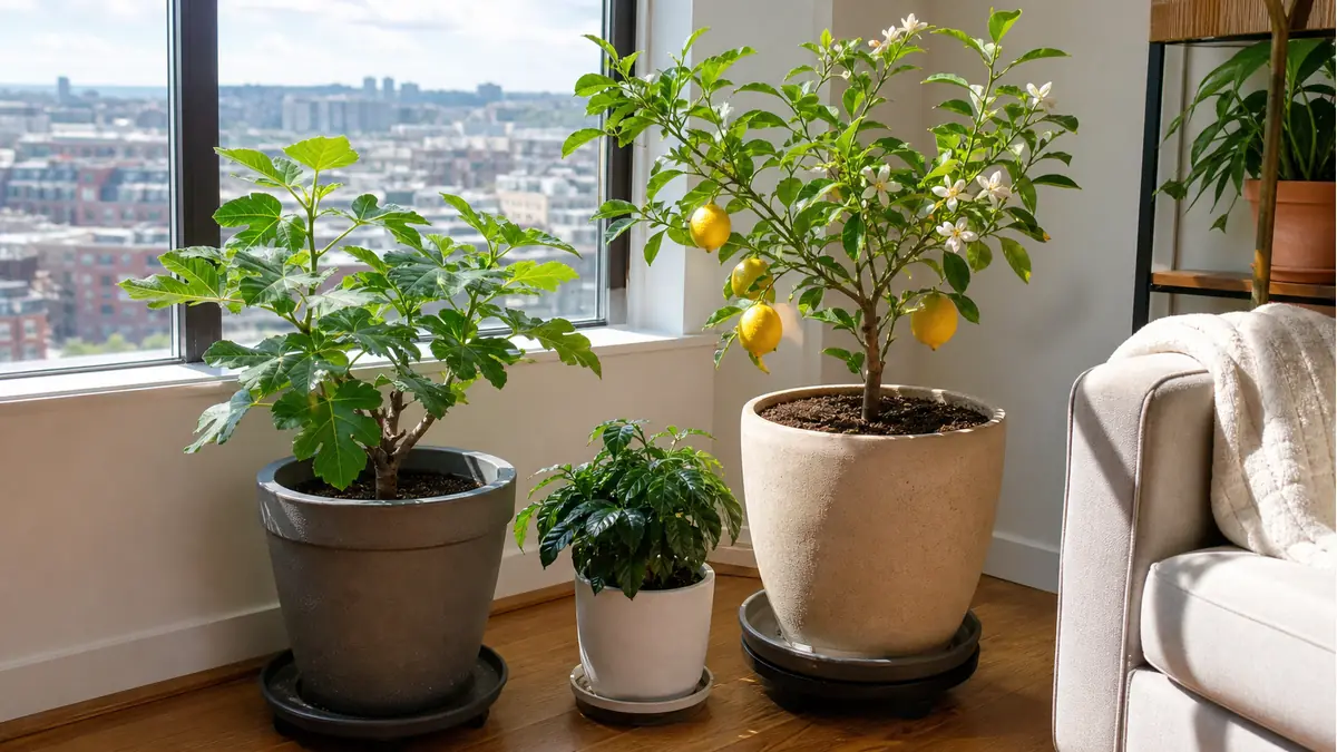 Indoor fruit trees in containers beside a bright window