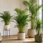 Several indoor palm plants arranged near a bright living room window