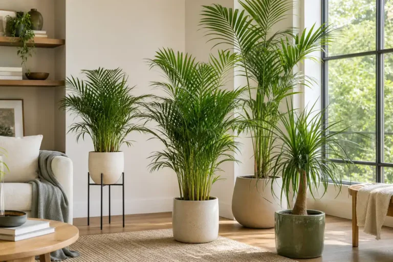Several indoor palm plants arranged near a bright living room window