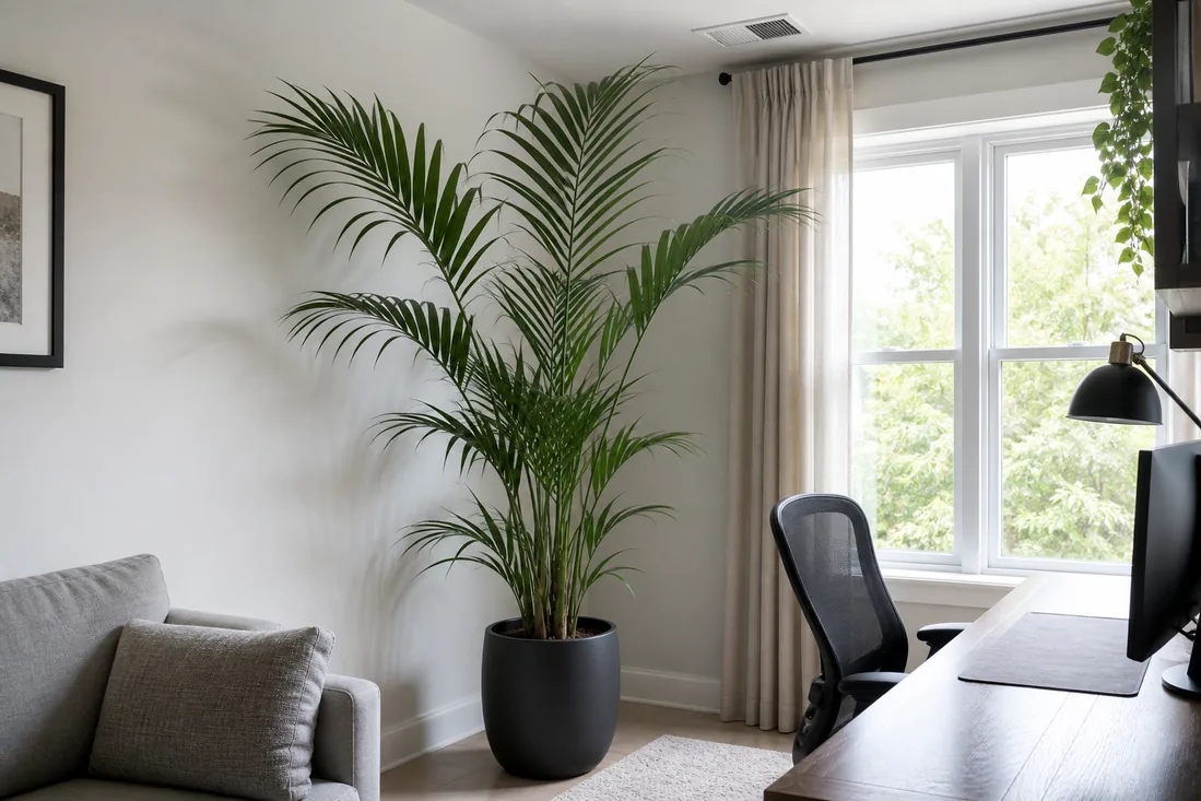 Tall indoor palm with clear space from ceiling, desk, curtains, and vents