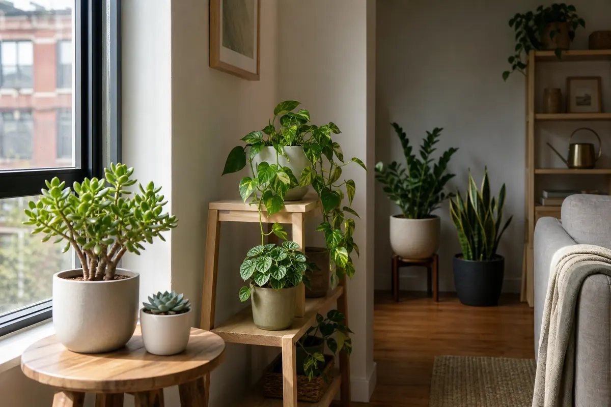 Houseplants arranged from sunny window light to lower indoor light