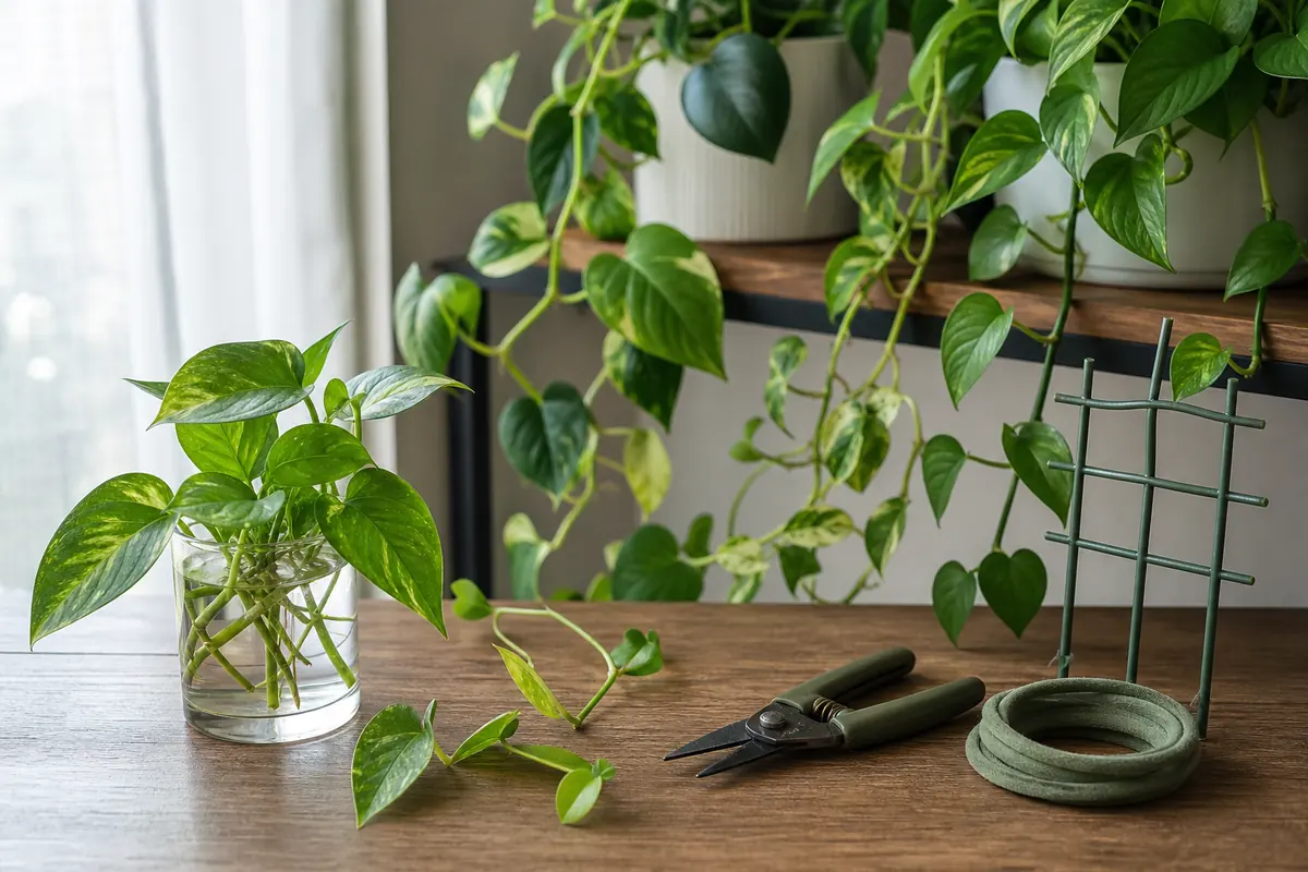 Indoor vining plant pruning with cuttings, plant ties, and small trellis