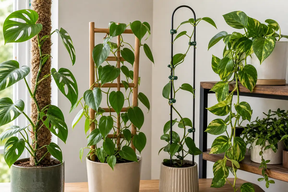 Indoor vining plants trained on moss pole, trellis, plant clips, and shelf support