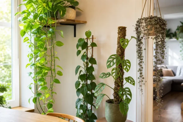 Indoor vining plants growing on a moss pole, trellis, shelf, and hanging planter