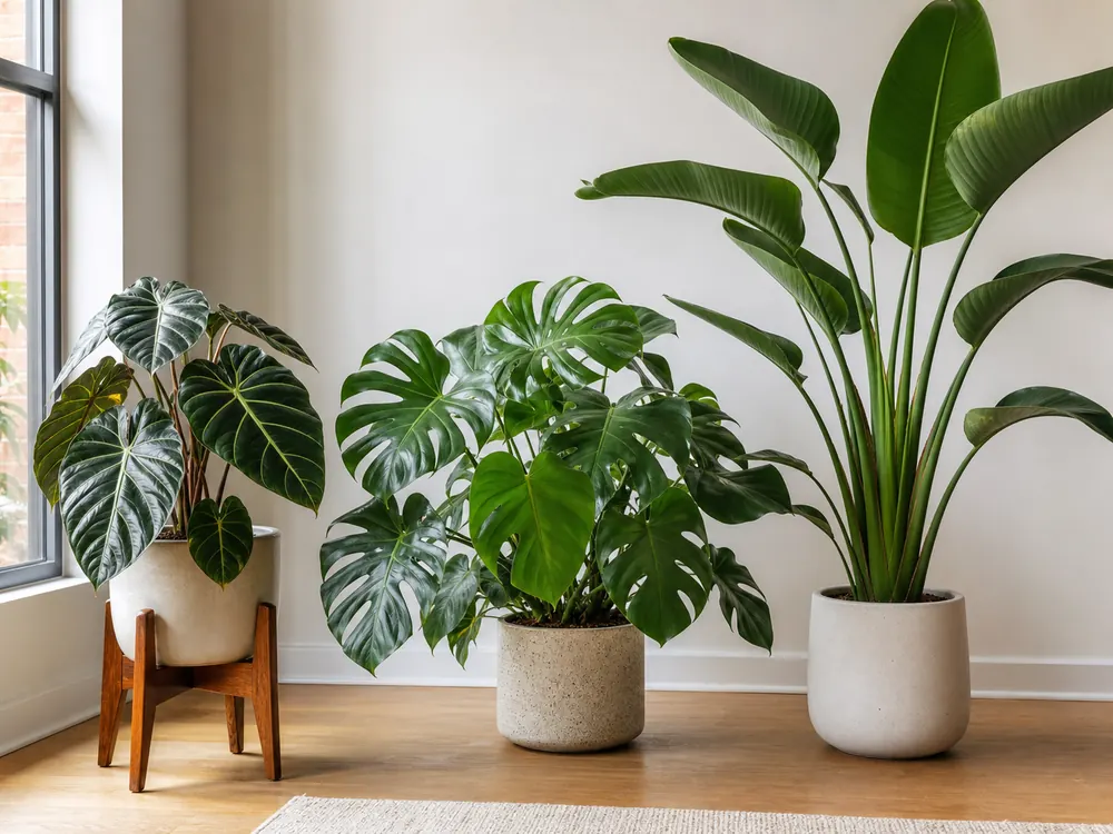 Large leaf houseplants with different mature footprints near a window