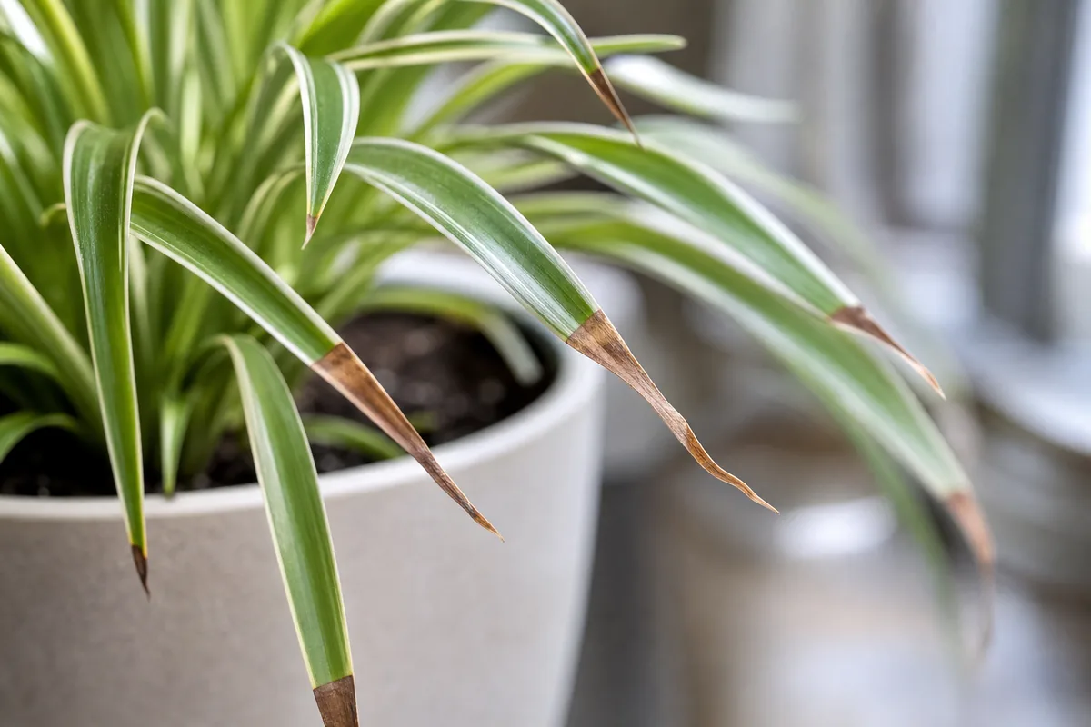 Spider plant leaves with dry brown tips near a bright indoor window