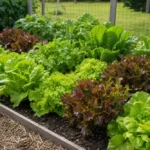 Mixed lettuce growing in a raised garden bed ready for salad harvest