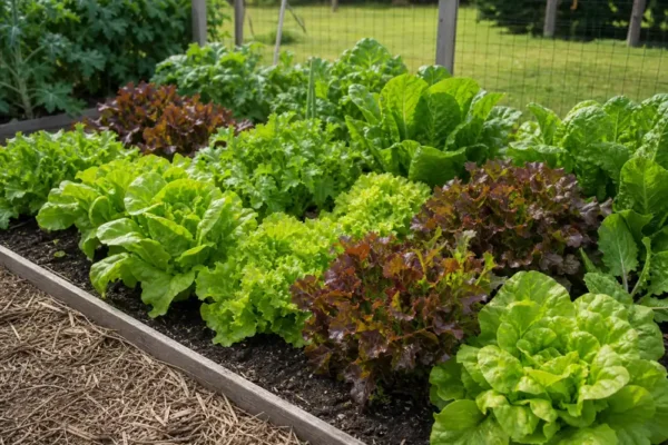 Mixed lettuce growing in a raised garden bed ready for salad harvest