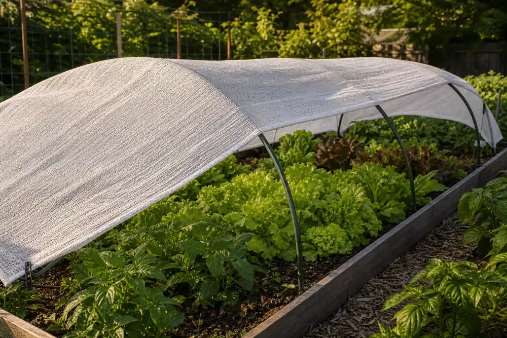 Lettuce growing under white shade cloth stretched over low hoops