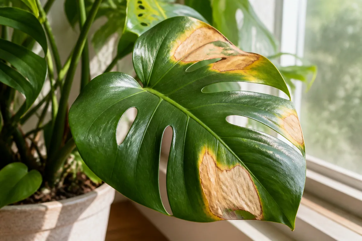 Monstera leaf with yellow tan scorch patches near a bright window