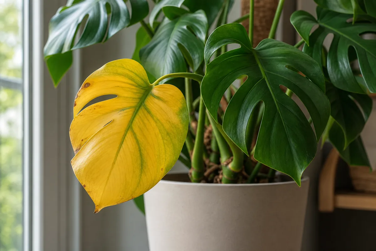 Monstera leaf with even yellowing on a lower older leaf