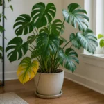 Monstera plant with one yellow lower leaf near a bright window