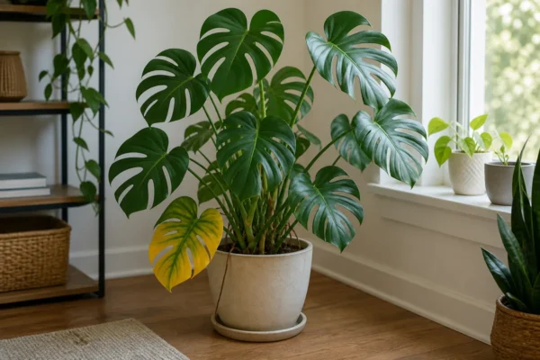 Monstera plant with one yellow lower leaf near a bright window