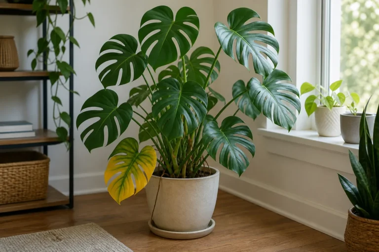 Monstera plant with one yellow lower leaf near a bright window