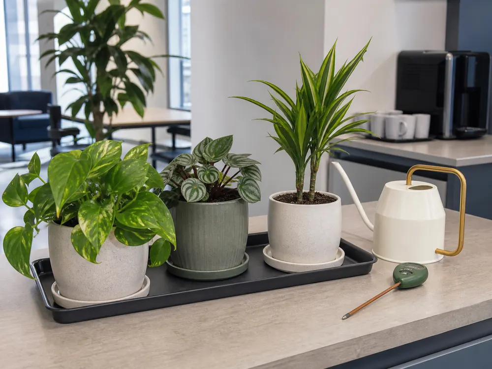 Office plants set on a tray with drainage saucers and a watering can