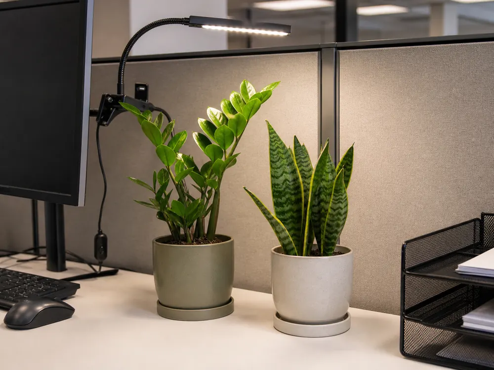 ZZ plant and snake plant on an office cubicle desk under a small grow light