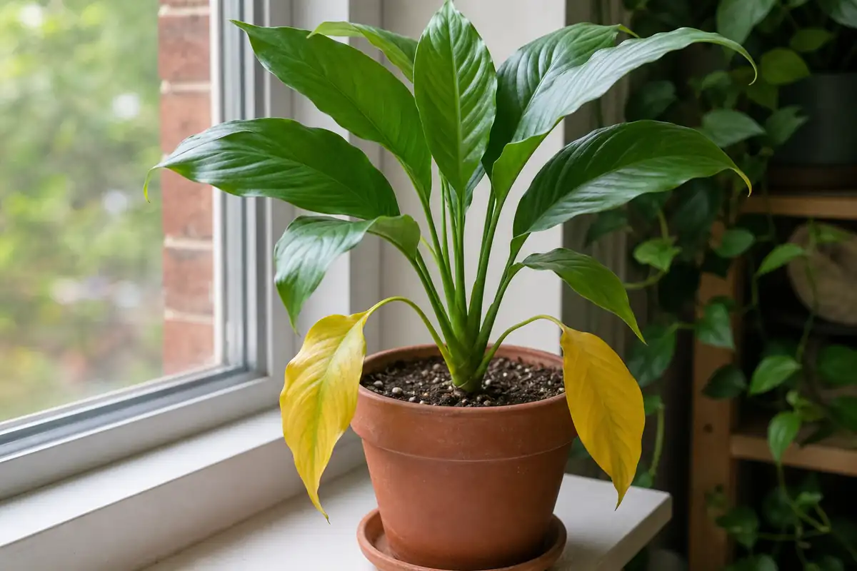 Older lower leaves turning yellow beneath healthy green new growth