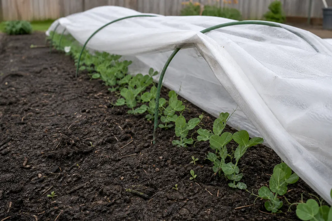 Young pea seedlings protected under lightweight row cover