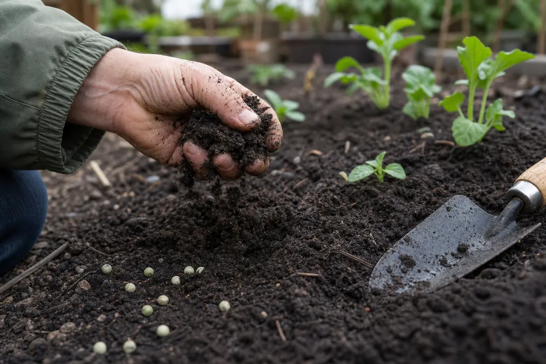 A gardener checking crumbly spring soil beside pea seeds