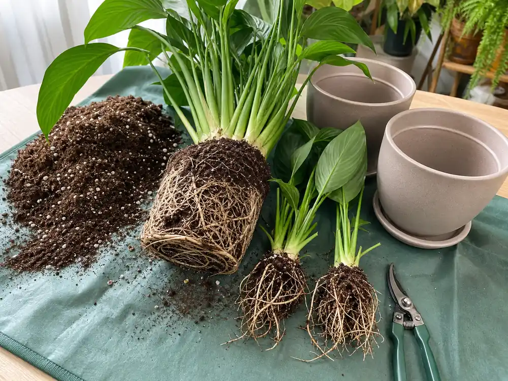 Peace lily division during repotting with healthy roots and separate crowns