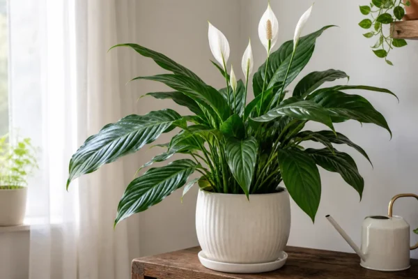 Peace lily houseplant in bright indirect indoor light