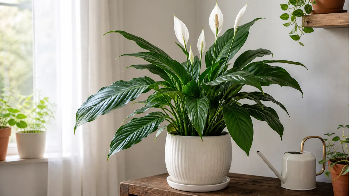 Peace lily houseplant in bright indirect indoor light