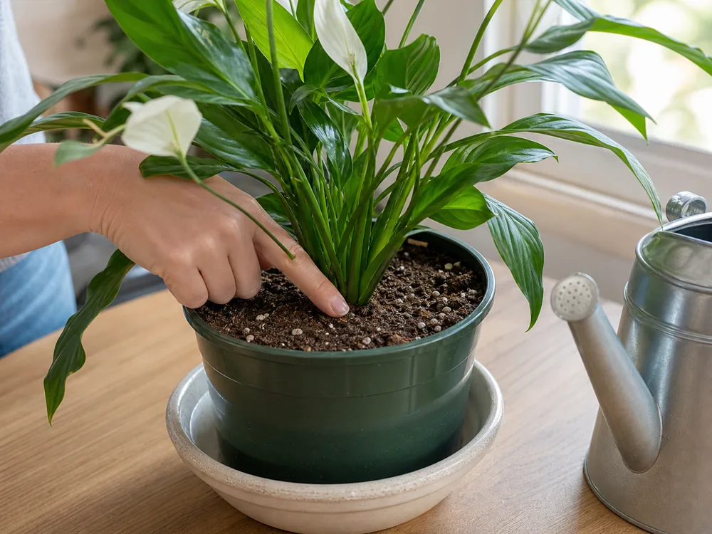 Checking peace lily soil moisture before watering