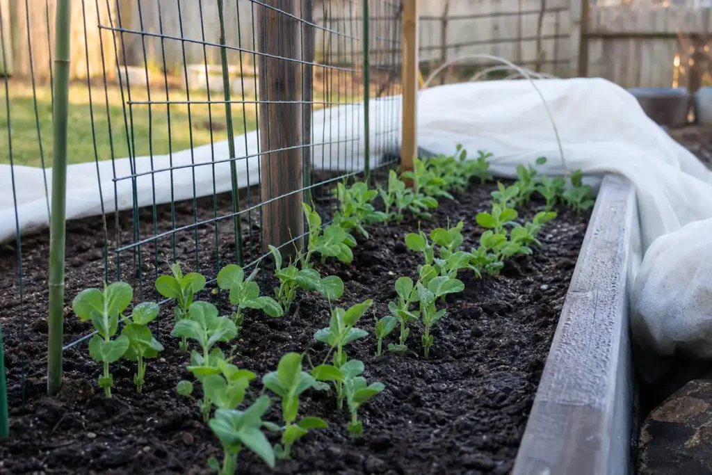 Young pea seedlings in an early spring vegetable bed