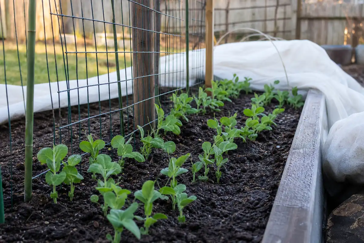 Young pea seedlings in an early spring vegetable bed