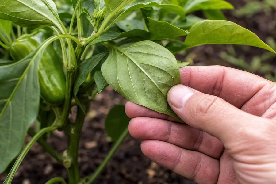 Gardener checking the underside of a curled pepper leaf for small pests