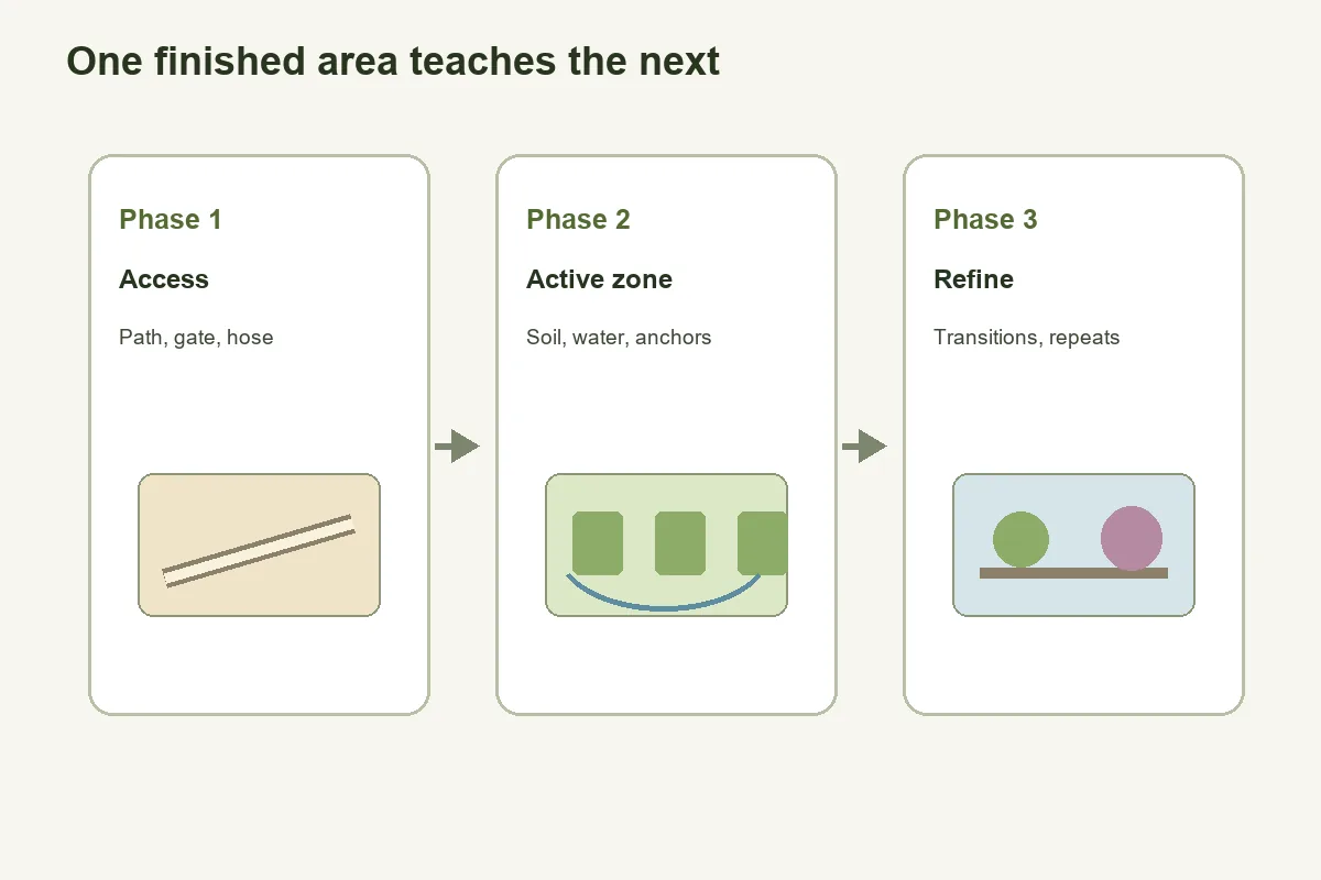 Three-phase garden planning sequence from access to planting to refinement