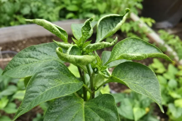 Curled green plant leaves in a garden bed showing a leaf curl symptom for diagnosis.