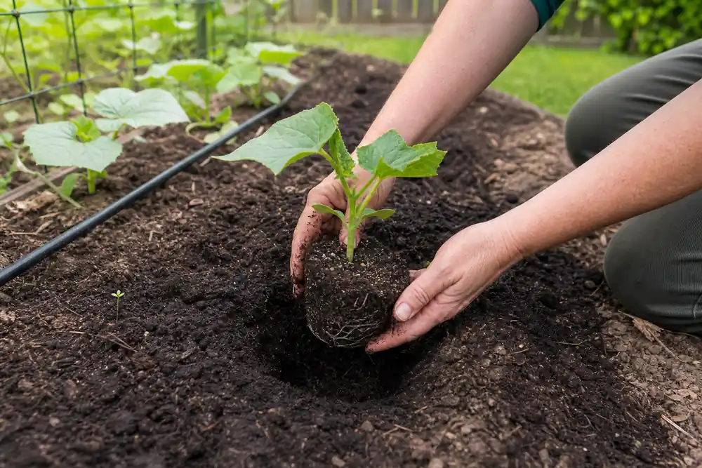 Gardener planting a young cucumber transplant in warm prepared garden soil