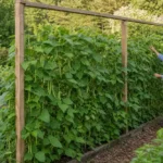Mature pole beans growing on a sturdy garden trellis