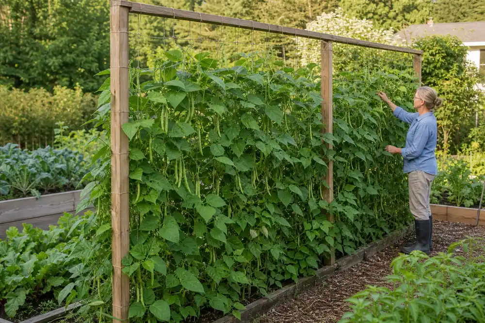 Mature pole beans growing on a sturdy garden trellis