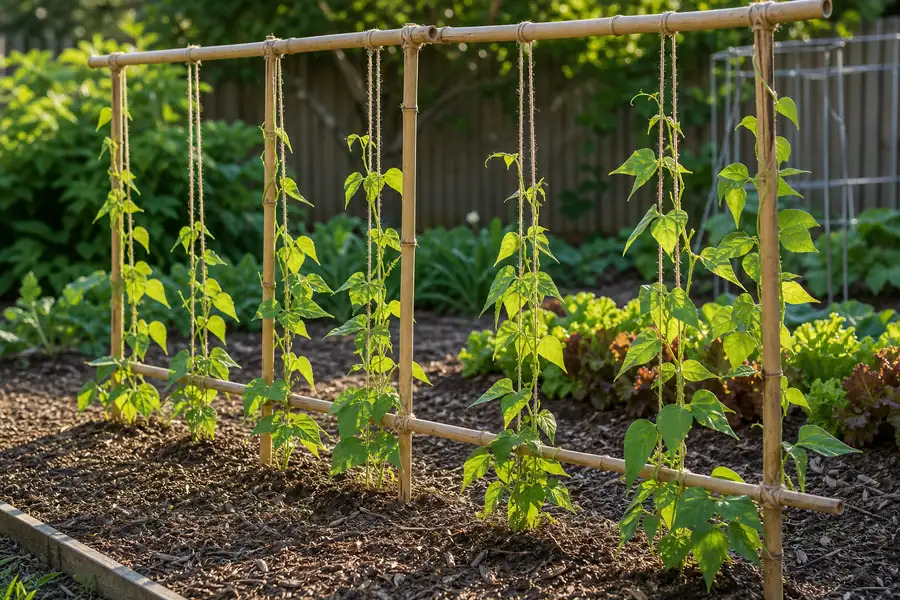 Young pole bean vines climbing a simple garden trellis