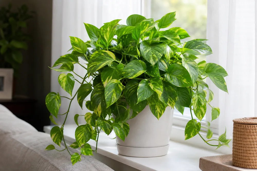 Full healthy pothos plant growing in bright indirect indoor light