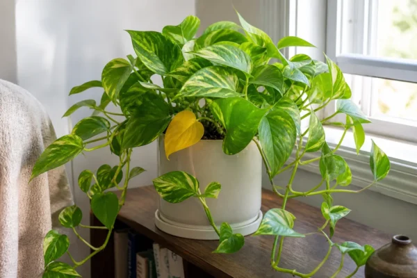 Pothos plant with mostly green vines and one yellowing leaf near a bright window