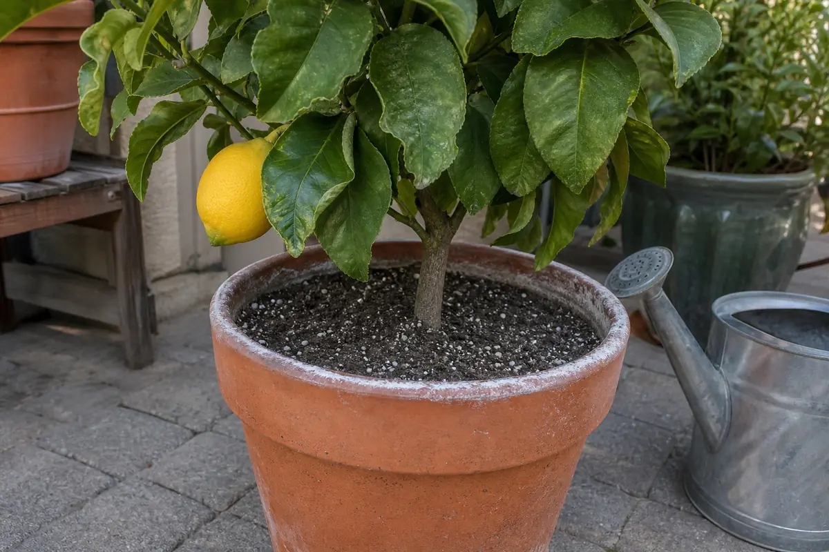 Potted Meyer lemon tree with curled leaves and salt crust near the soil surface