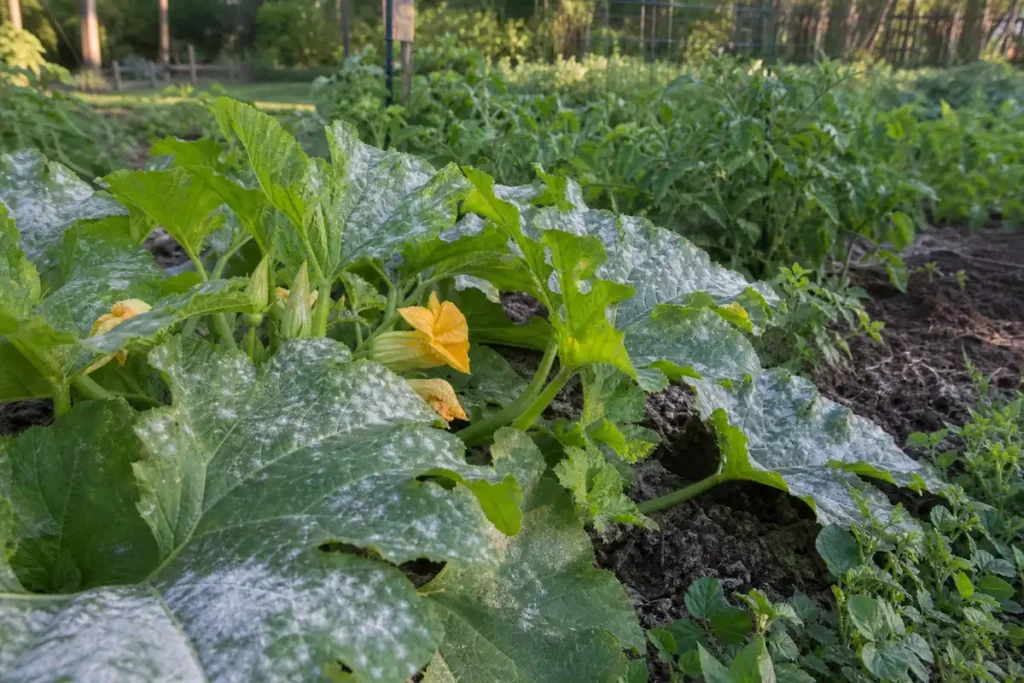 Squash plant leaves with powdery mildew in a backyard vegetable garden