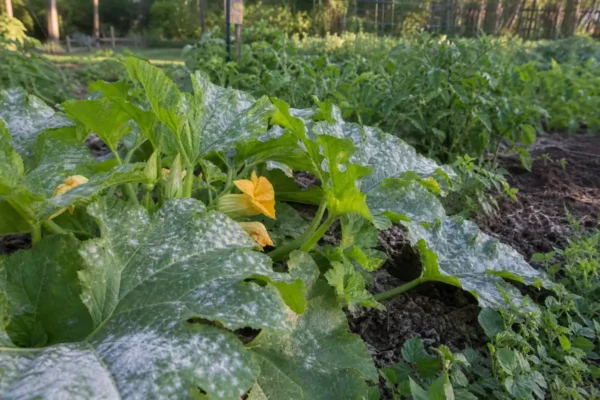 Squash plant leaves with powdery mildew in a backyard vegetable garden