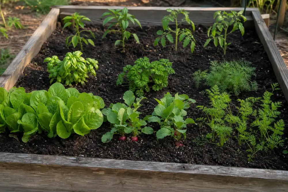 Raised garden bed planted with shallow greens, herbs, and young deeper-rooted vegetables in separate sections