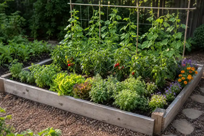 Mixed raised bed with lettuce, herbs, peppers, flowers, and trellised peas arranged by height
