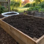 New raised vegetable bed filled with crumbly topsoil and compost mix