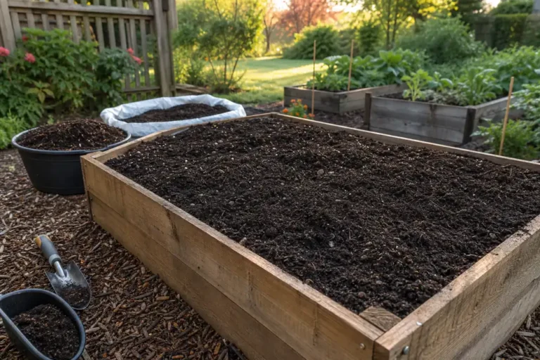 New raised vegetable bed filled with crumbly topsoil and compost mix